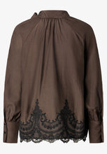 Load image into Gallery viewer, Blouse with tie neck and lace hem