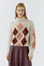 Load image into Gallery viewer, Cream &amp; Burgundy Argyle Roll Neck Jumper
