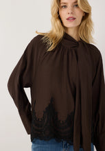 Load image into Gallery viewer, Blouse with tie neck and lace hem
